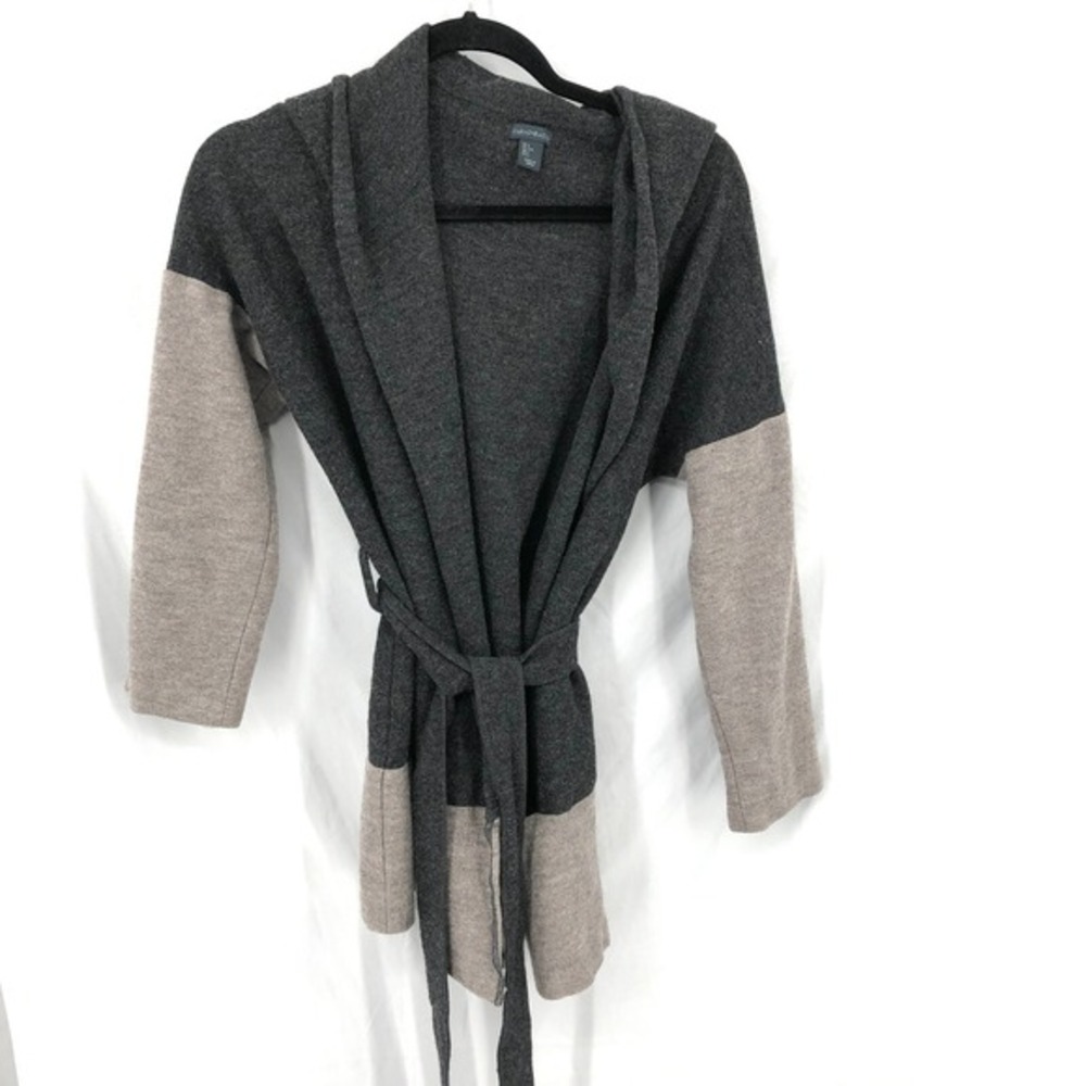 Paraphrase open front‎ hooded cardigan sweater patchwork wool colorblock gray L